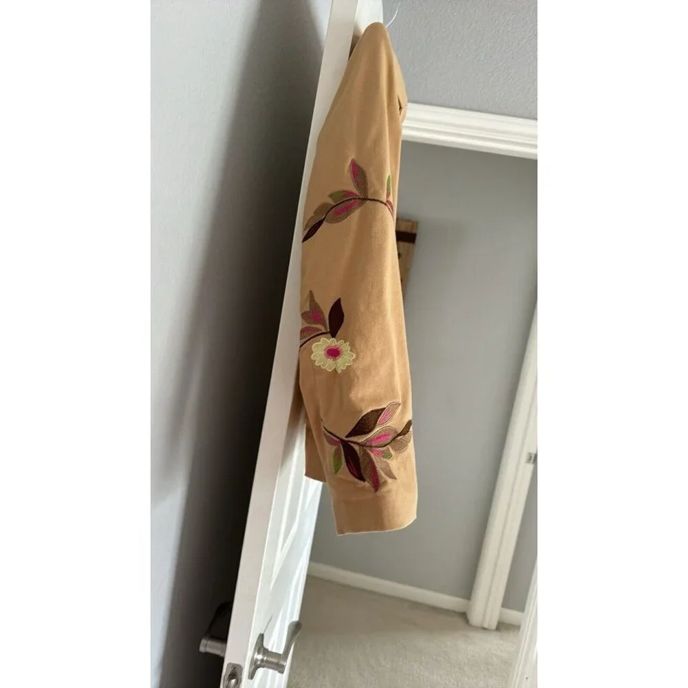Susan Graves Long Sleeve Tan Floral Embroidered Lined Blazer Jacket Medium - Picture 6 of 7